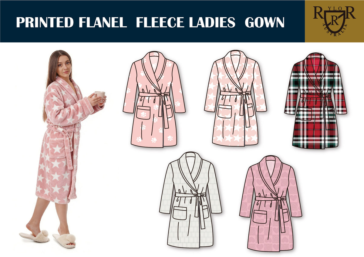 Womens Long Flannel Fleece Dressing Gown - Carton of 24