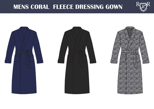 Three flat illustrations of men's fleece dressing gowns on a white background, with a dark blue one on the left, a solid black one in the center, and a gray-and-white patterned one on the right